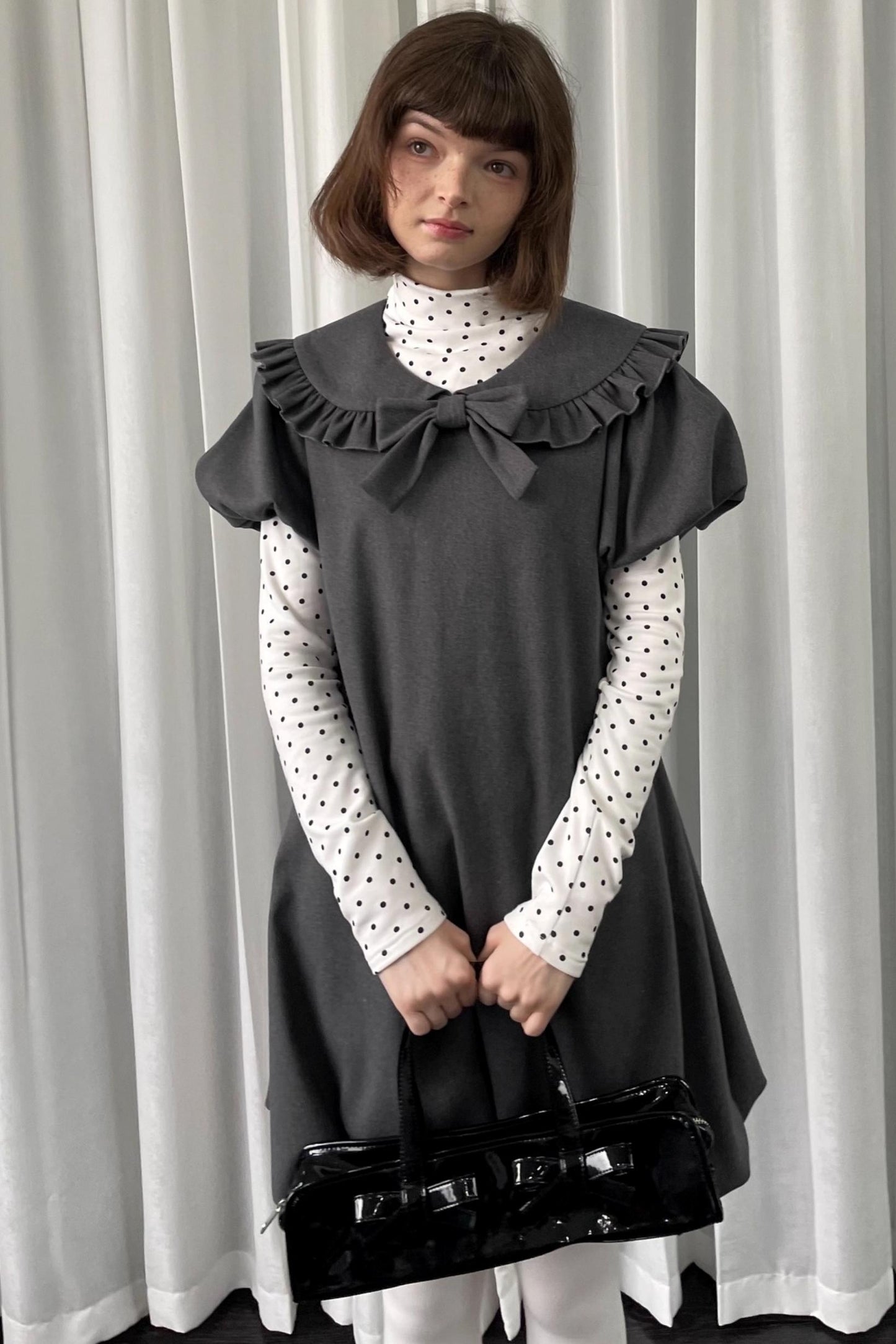 Gray Tweed Bow Lace Puff Sleeve Dress