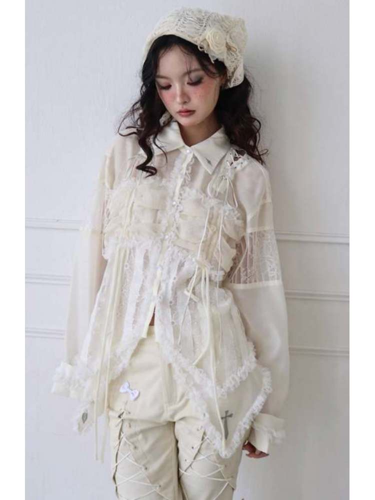 Lace-Up Crosses Embroidery Chiffon Lace Trim Shirt