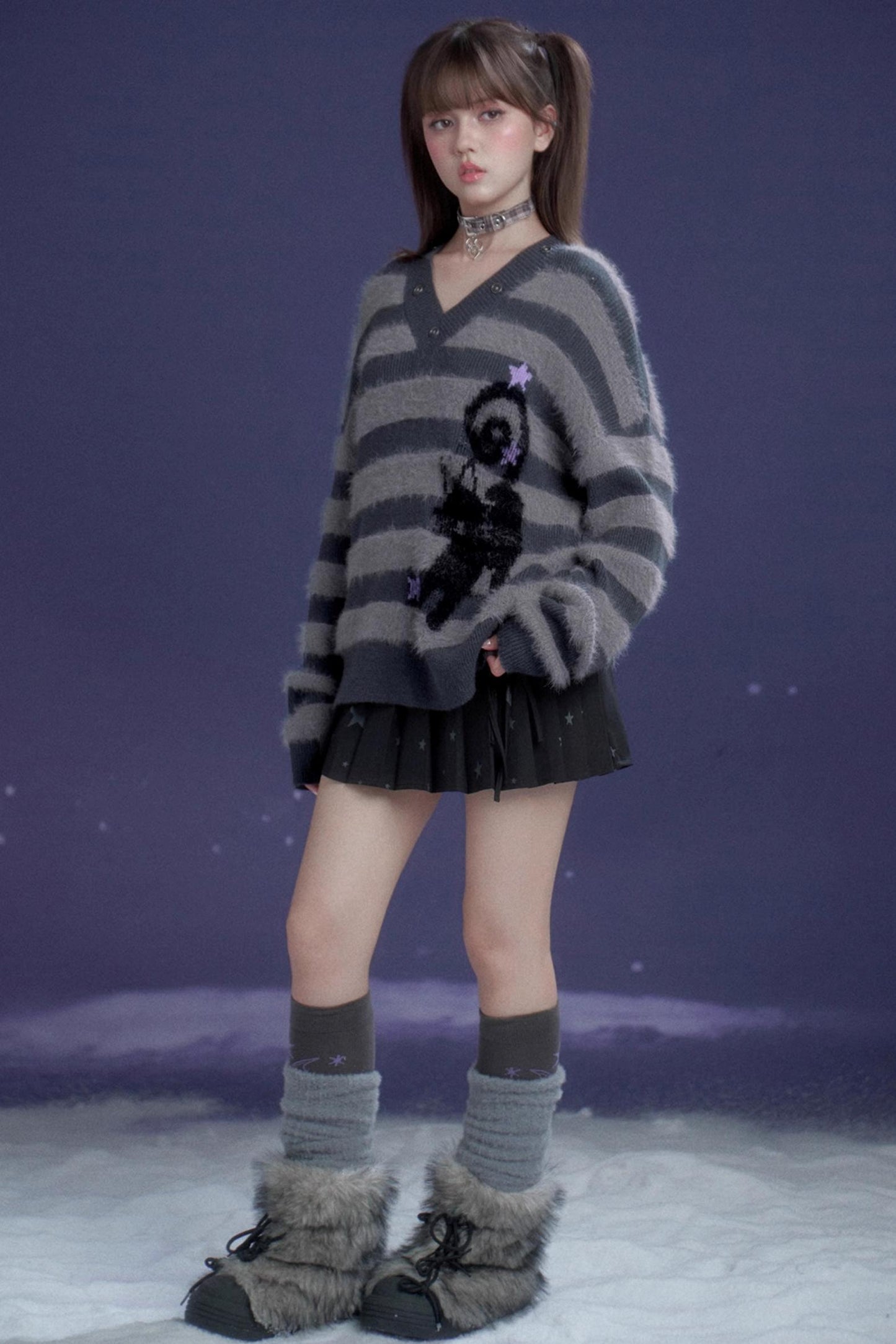 Striped Mink V-Neck Sweater