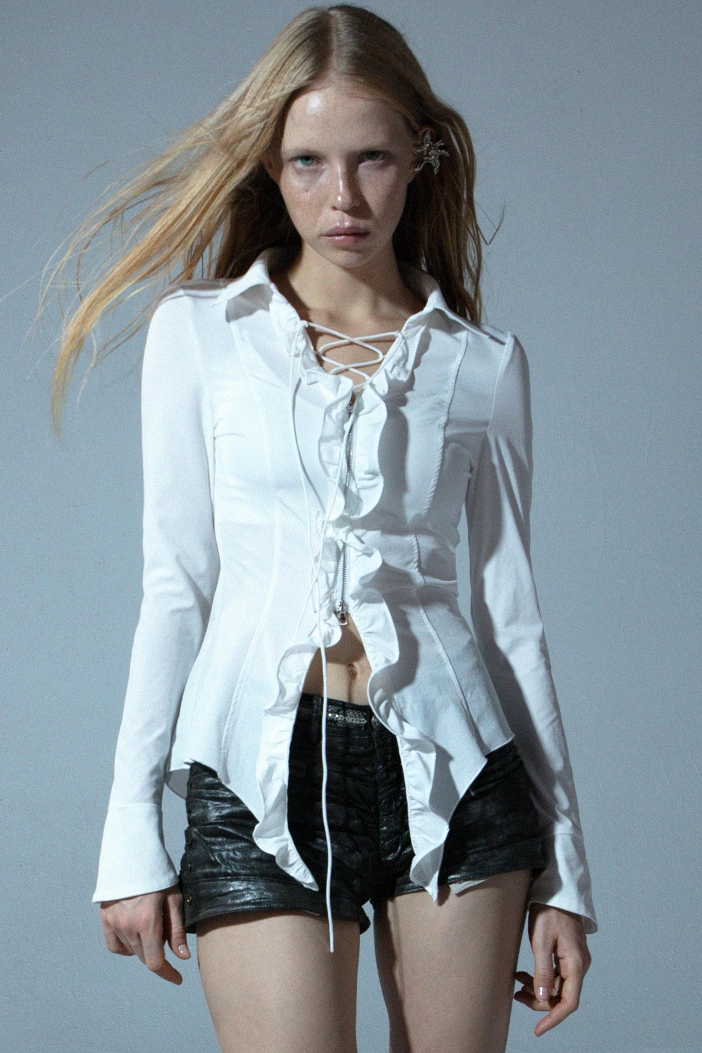 Slim Fit Ruffle Lace-Up Zip Shirt