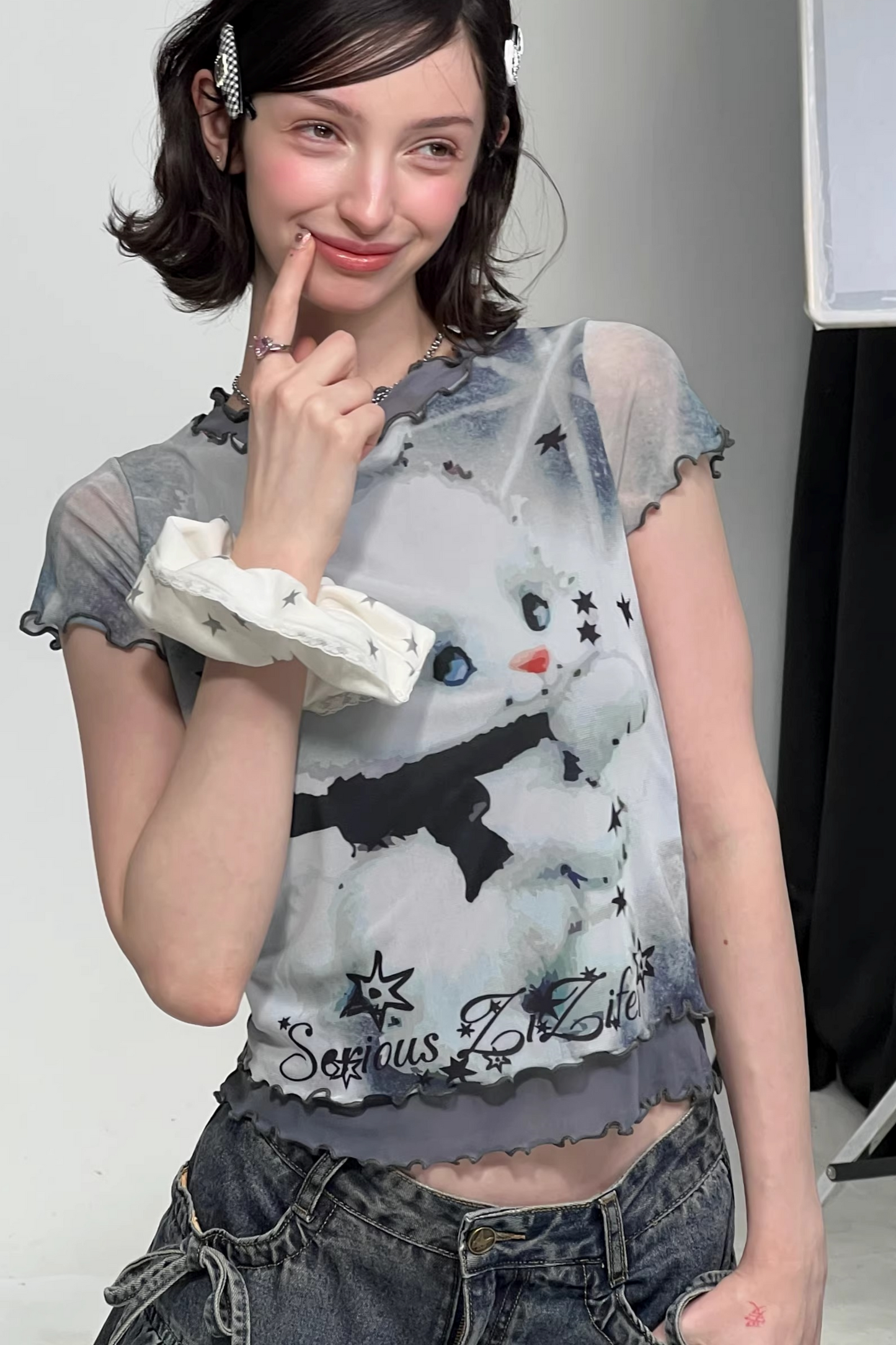 Mesh Plaid Cat Print Top