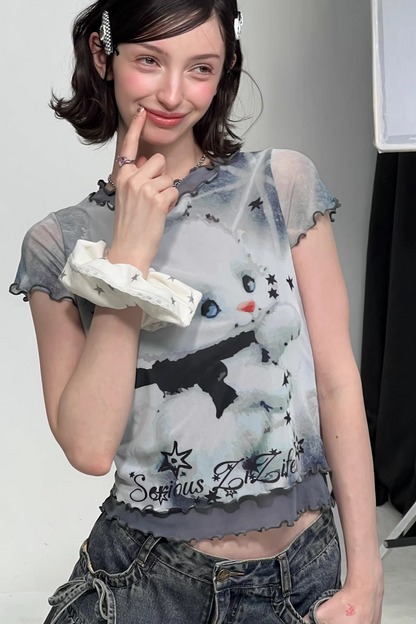 Mesh Plaid Cat Print Top