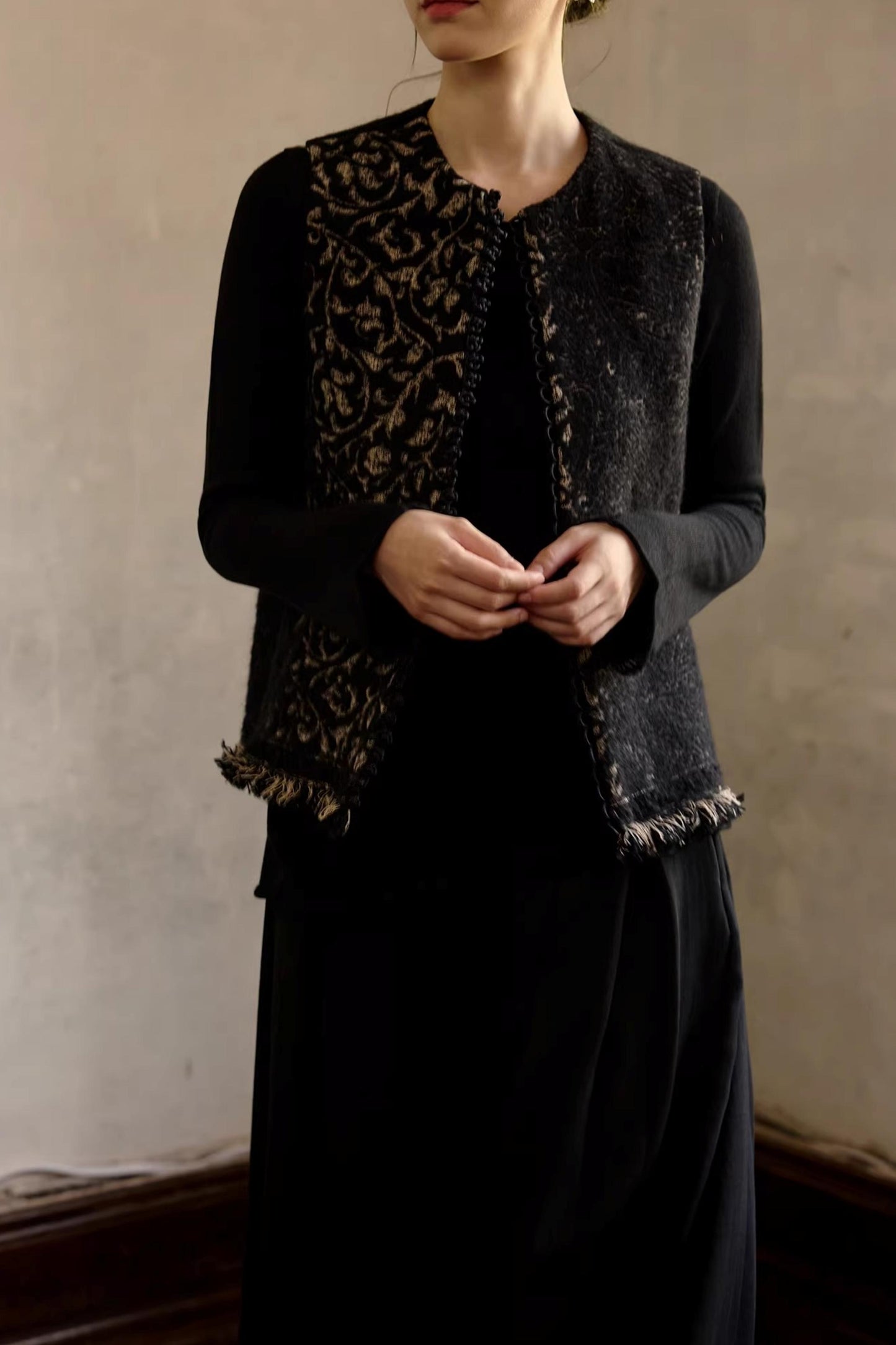 Schwarze Woll-Vintage-Jacquard-Weste Jacke