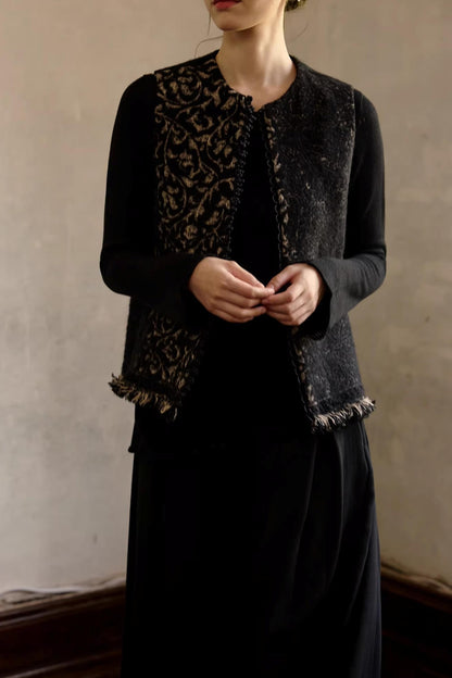Schwarze Woll-Vintage-Jacquard-Weste Jacke