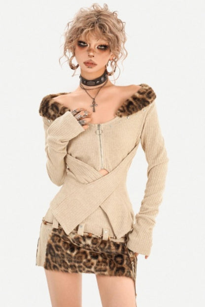 Retro Fur Collar Knit Top Set-Up