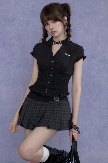 Dark Texture V-Neck Top Set-Up