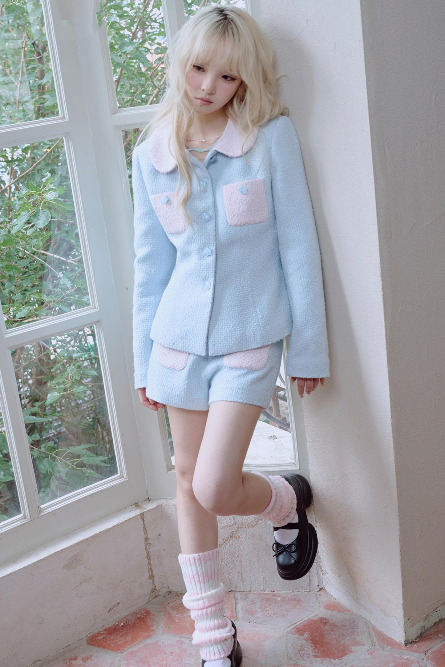 Star Button Tweed Jacket Set-Up