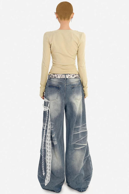 Textured Wide-Leg Denim Pants