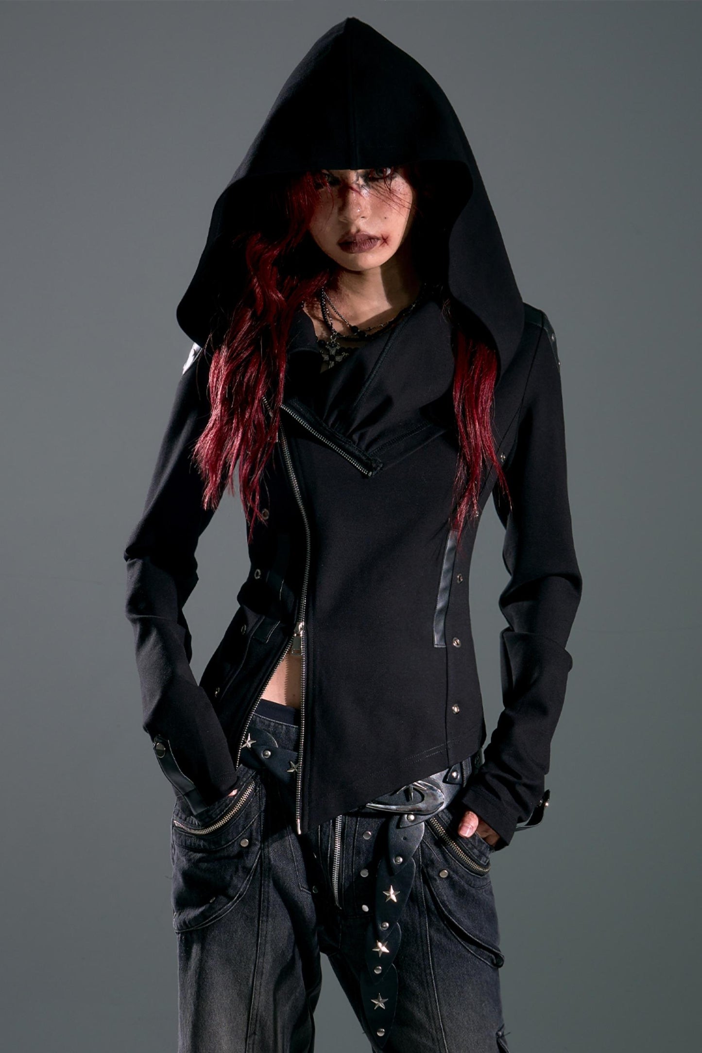 Hooded Asymmetrical Zip Knit Top