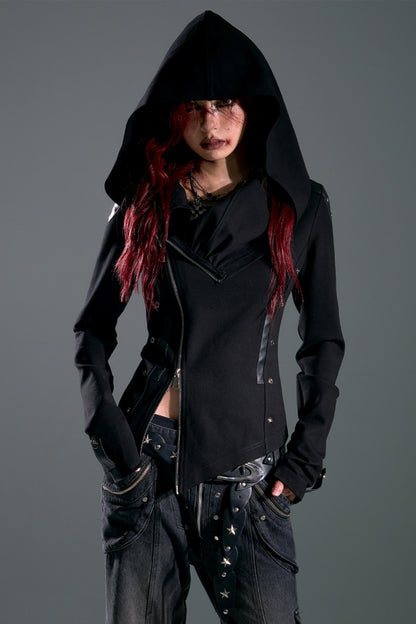 Hooded Asymmetrical Zip Knit Top