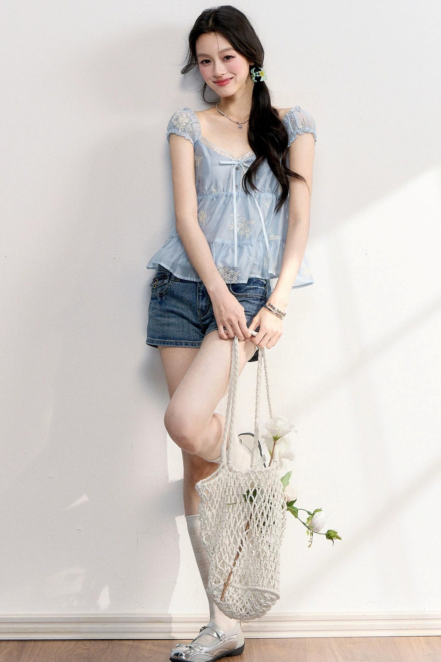French Lace Puff Sleeve Blouse