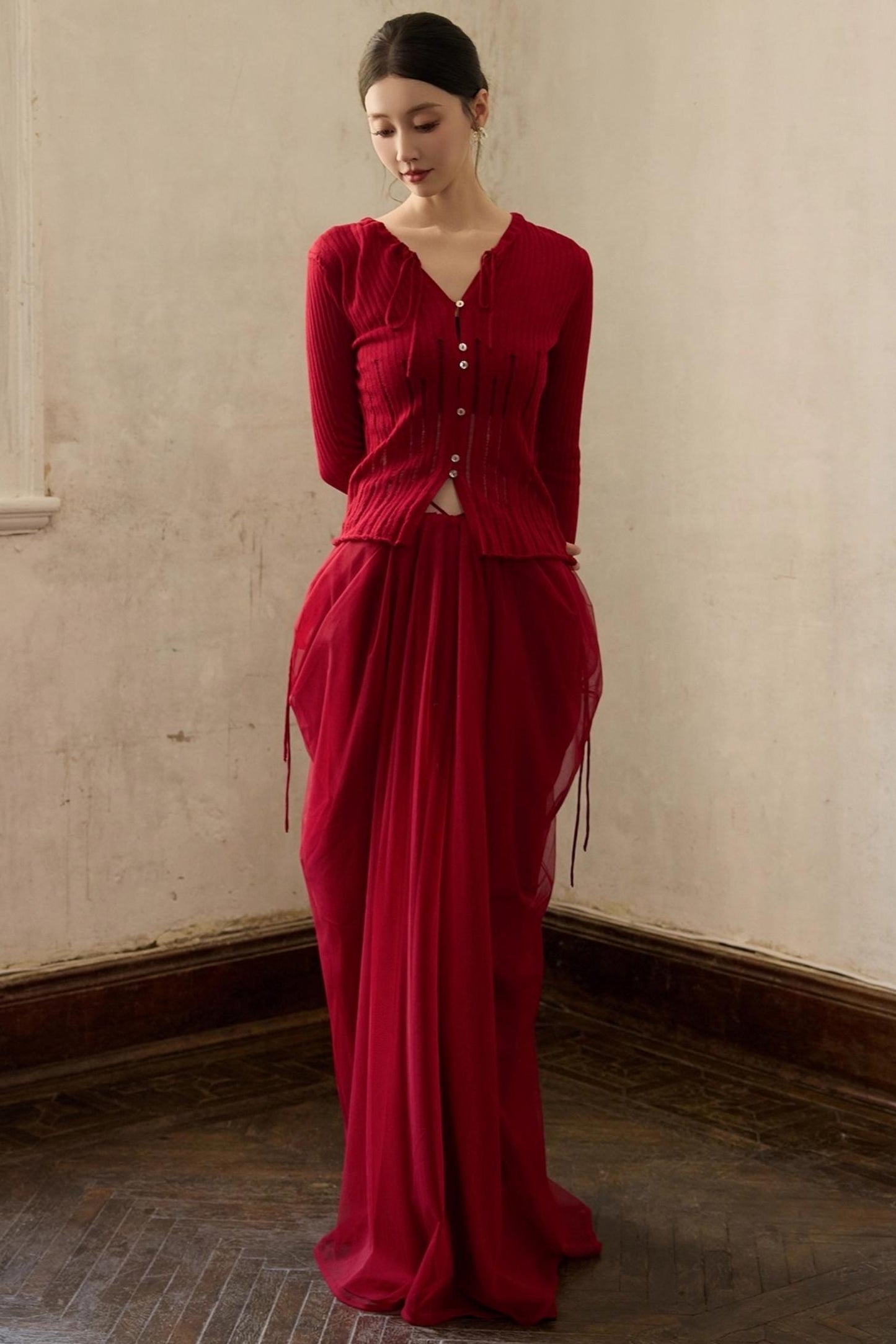 Autumn Red Knitted Cardigan