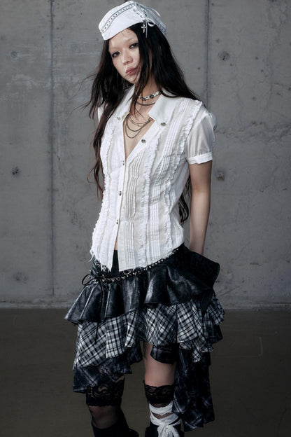 Vintage Lace V-Neck Bubble Sleeve Shirt