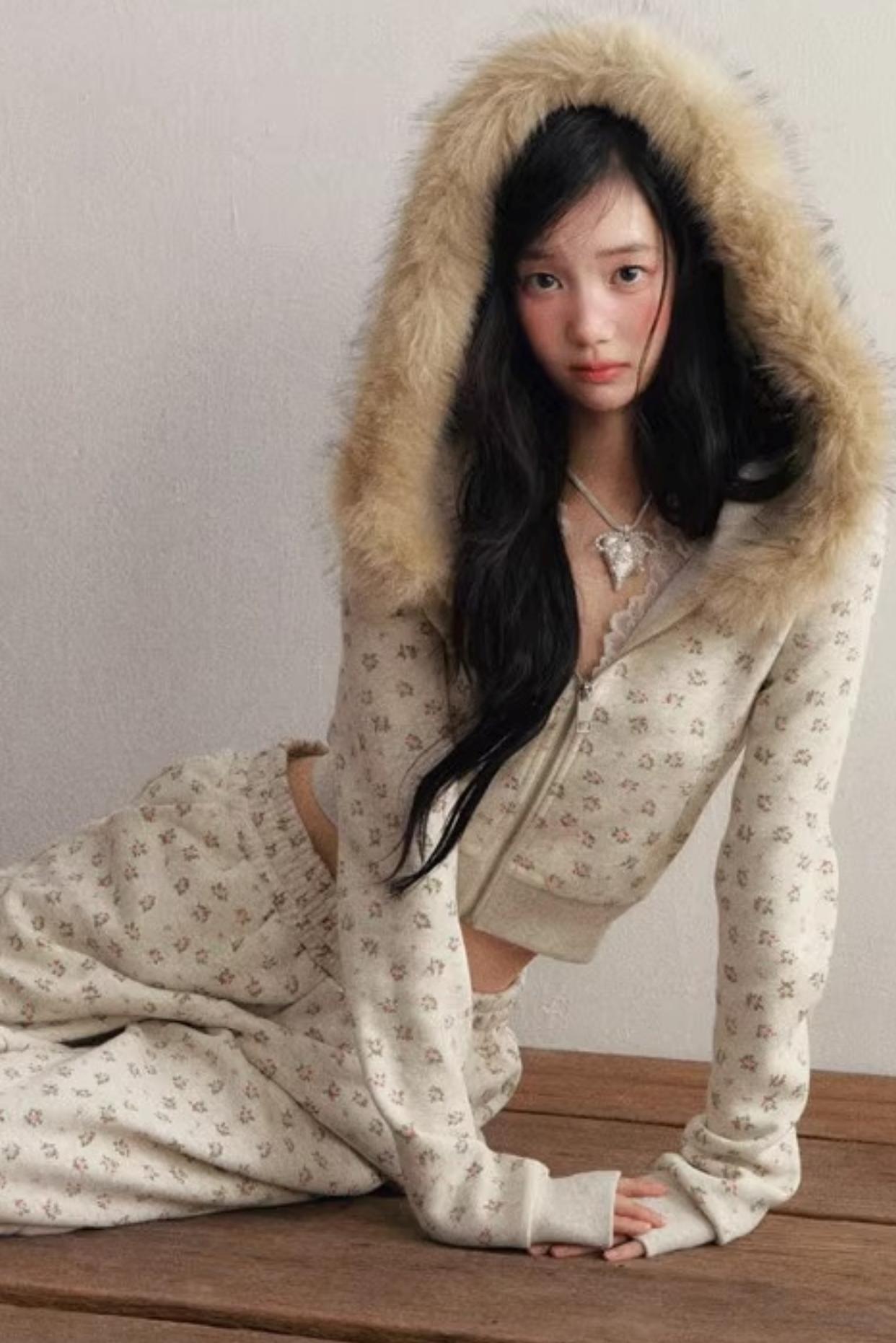 Elastic Floral Fleece Hooded Jacket Set-Up