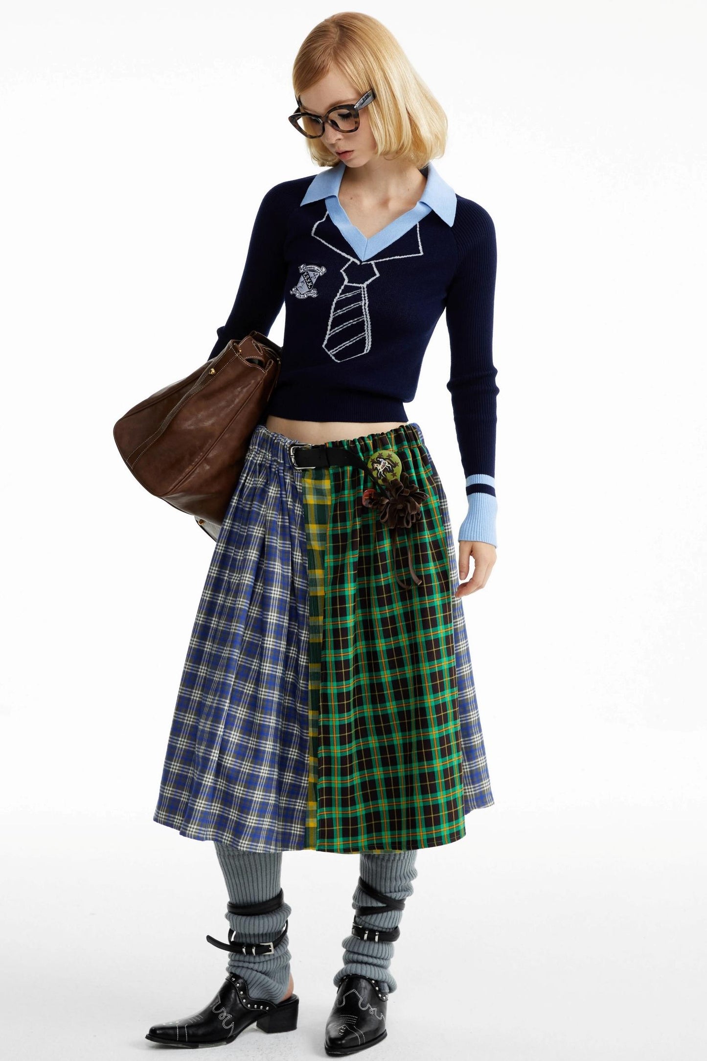 Blue-Green Plaid Pleated Skirt