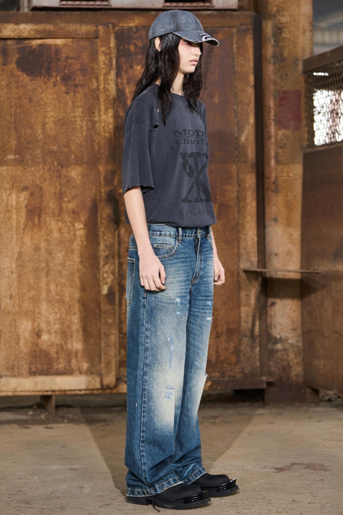 Ripped Straight-Leg Denim Pants