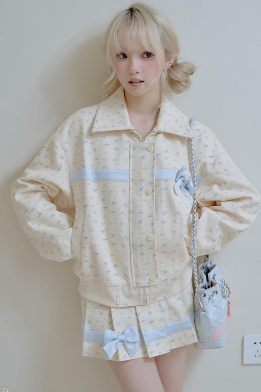 Beige Floral Blue Bow Jacket Set-Up