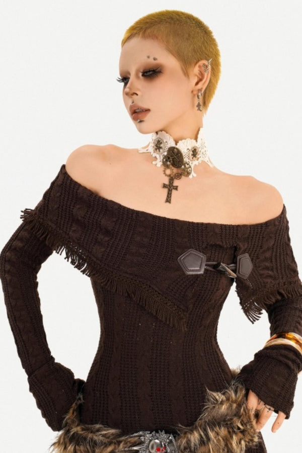 Retro Knit Off-Shoulder Top Set-Up