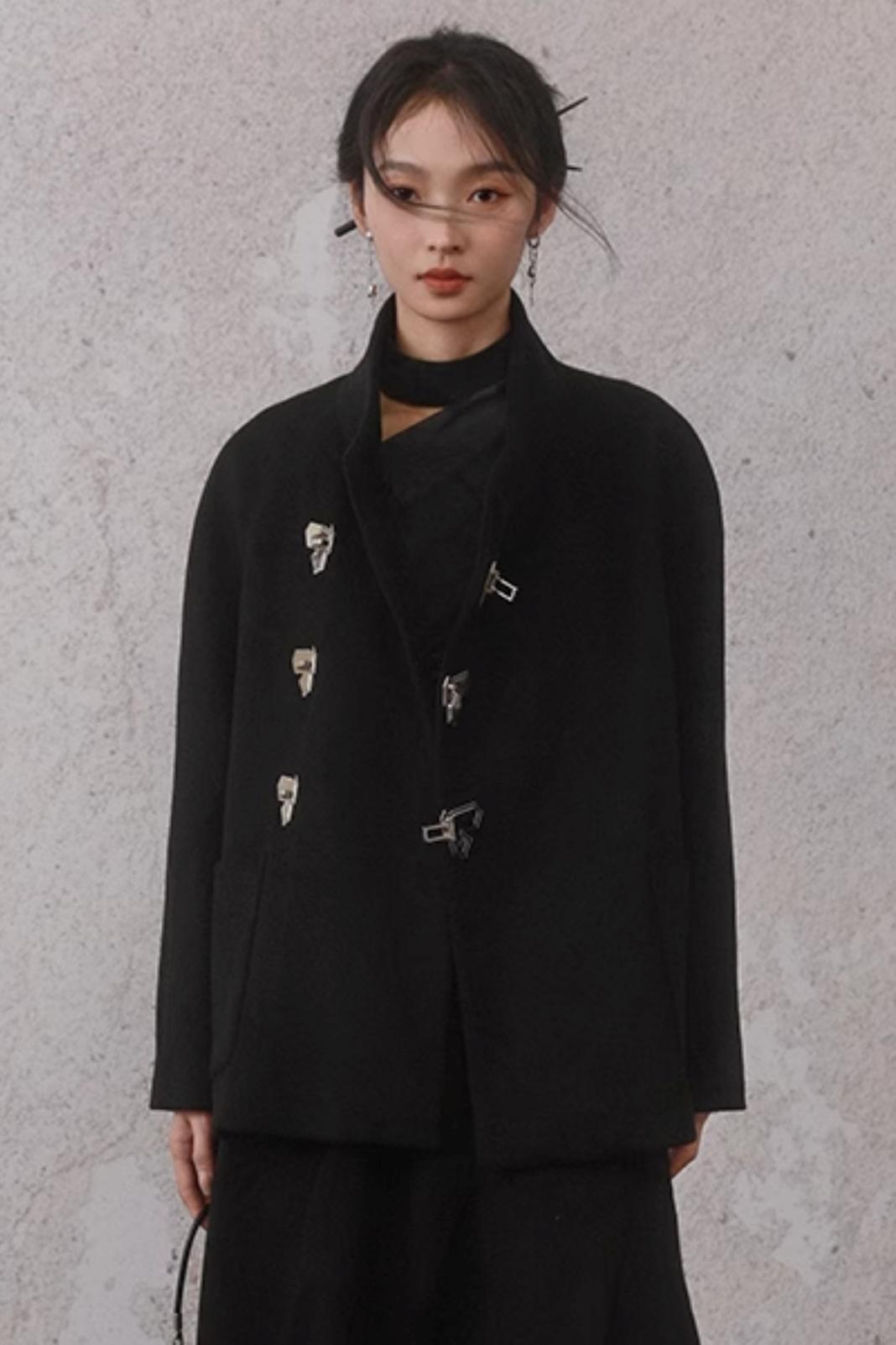 Black Woolen Butterfly Buckle Coat