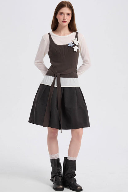 Vintage Gray Woolen High-Waisted Double Pocket Skirt