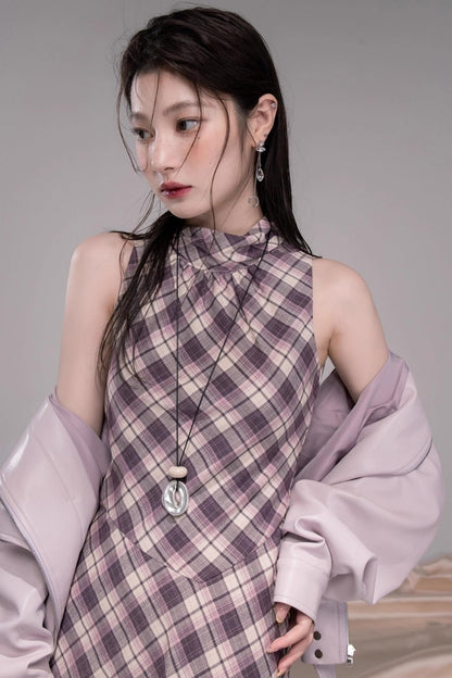 나이트 퍼플 체크 프린지 원피스
