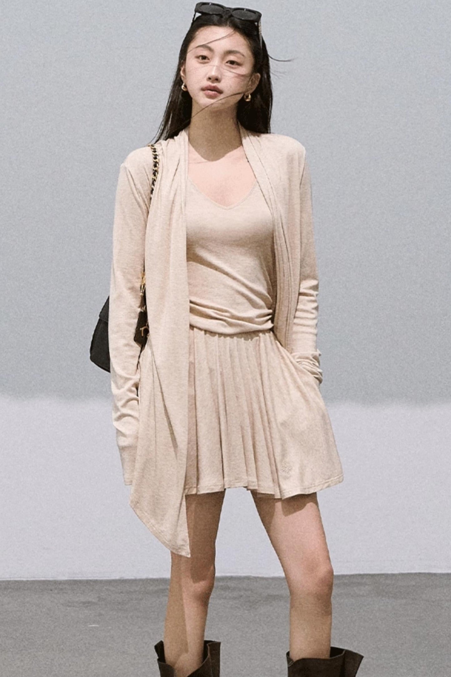 Tencel Wool Knit V-Neck Cardigan Dress Set-Up