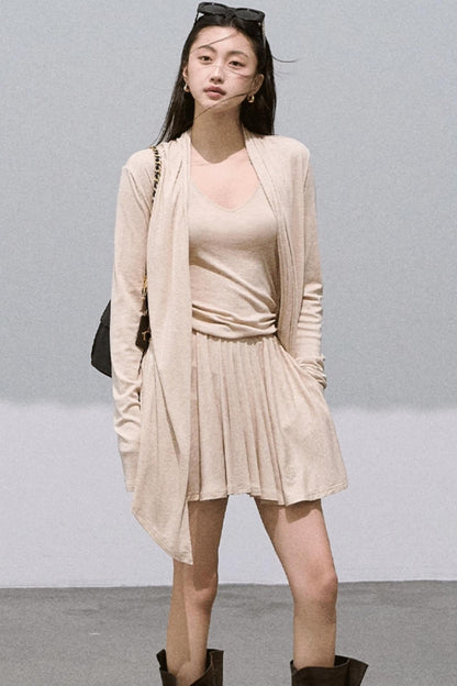 Tencel Wool Knit V-Neck Cardigan Dress Set-Up