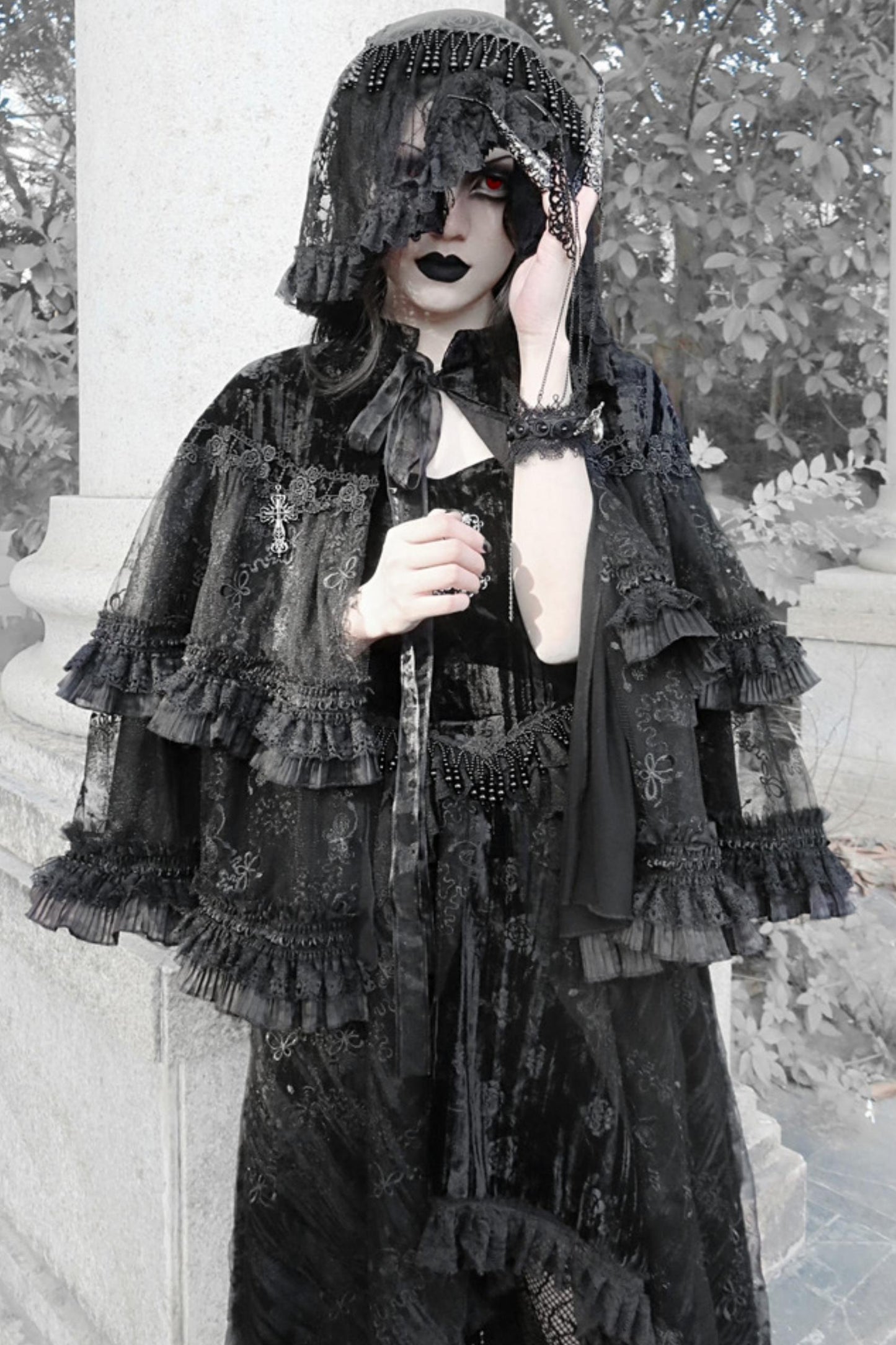 Gothic Dark Pattern Velvet Lace Cape