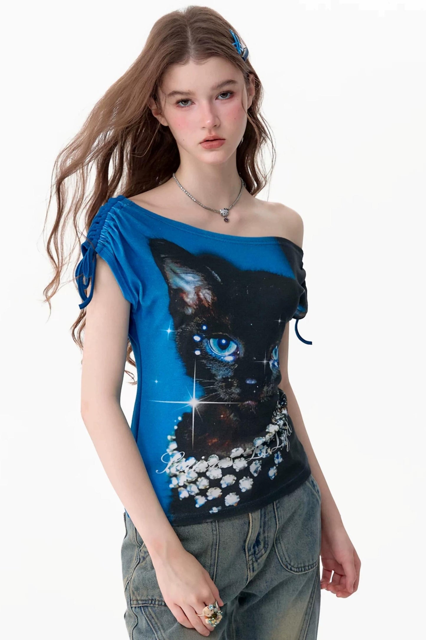 Blue Cat Print Short-Sleeved T-Shirt