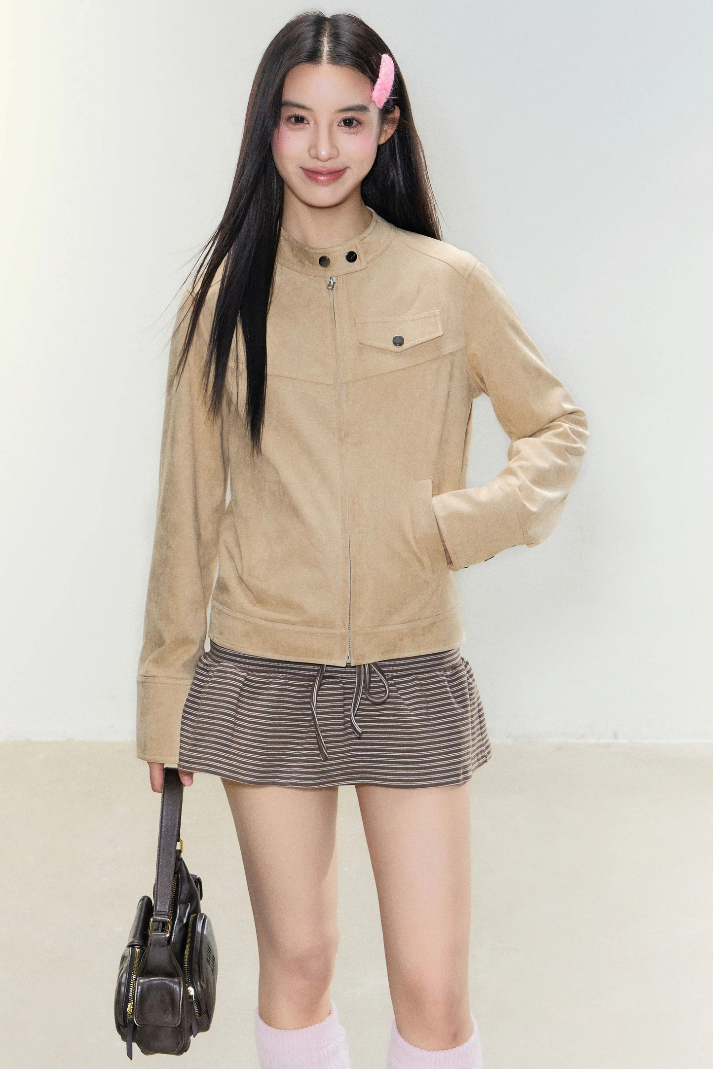 Bikerjacke aus Wildleder mit Stehkragen