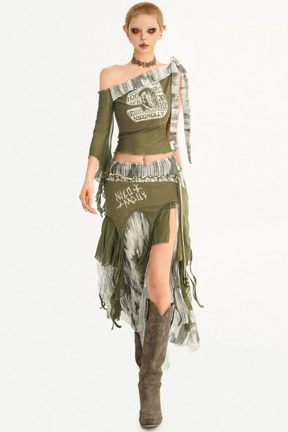 Irregular Patchwork Mesh Skirt