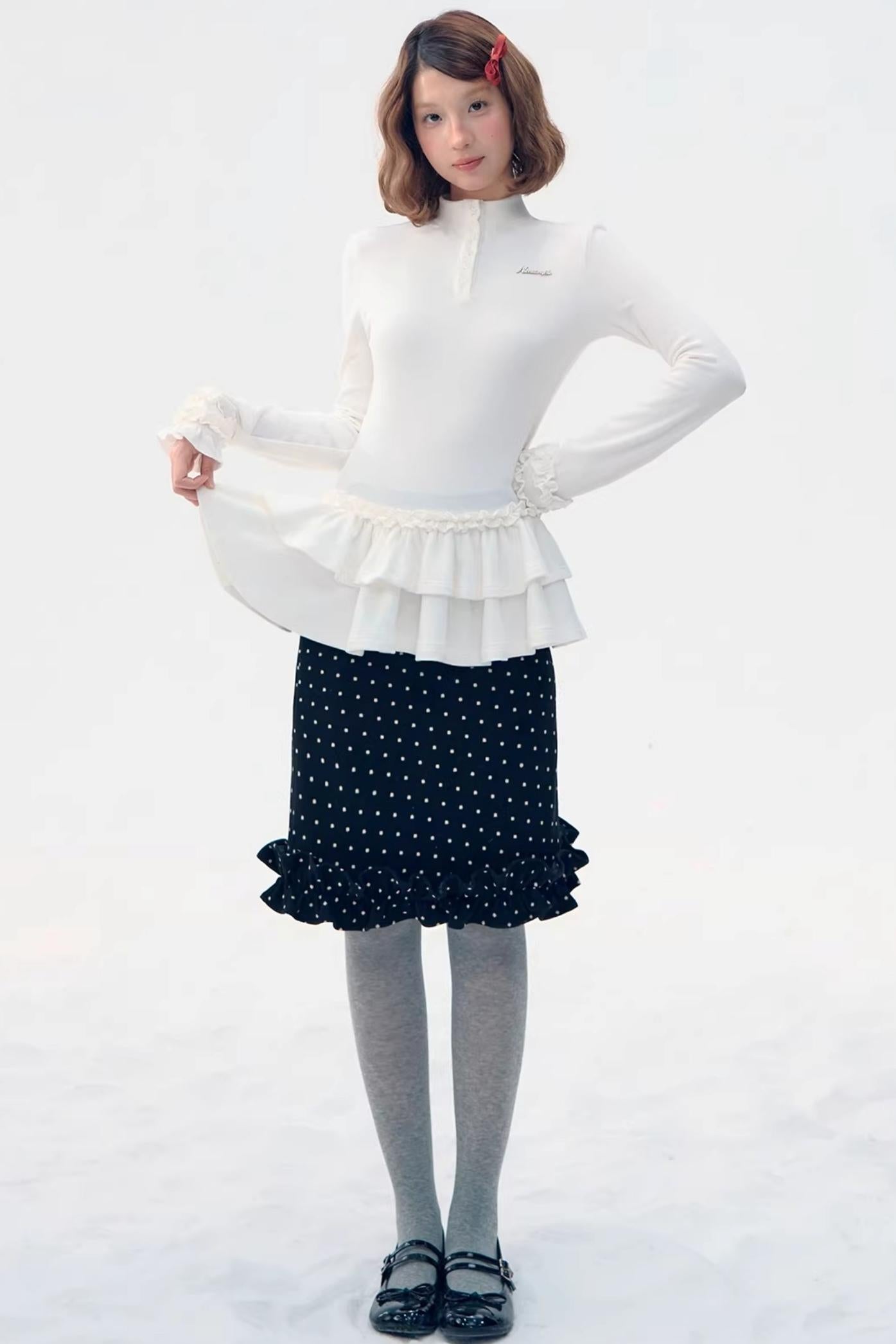 Six-Button Lace Hem Blouse Top