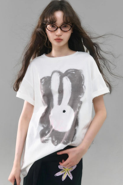 Rabbit Head Printed Cotton T-shirt