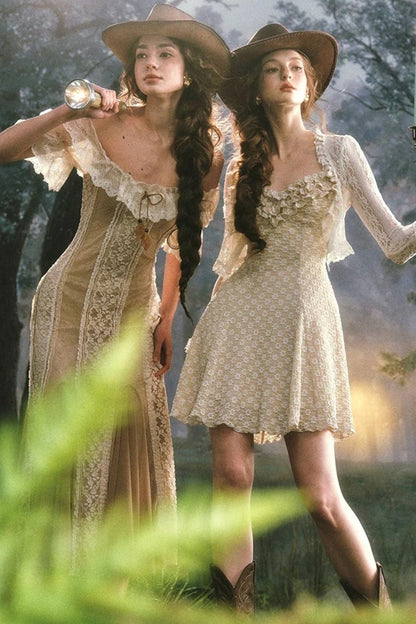 French Countryside Lace One-Shoulder Dress