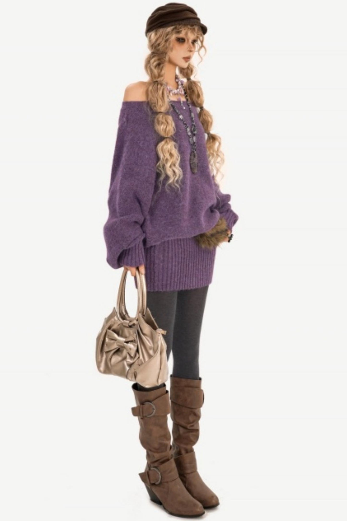 Purple Off-Shoulder Knit Dress