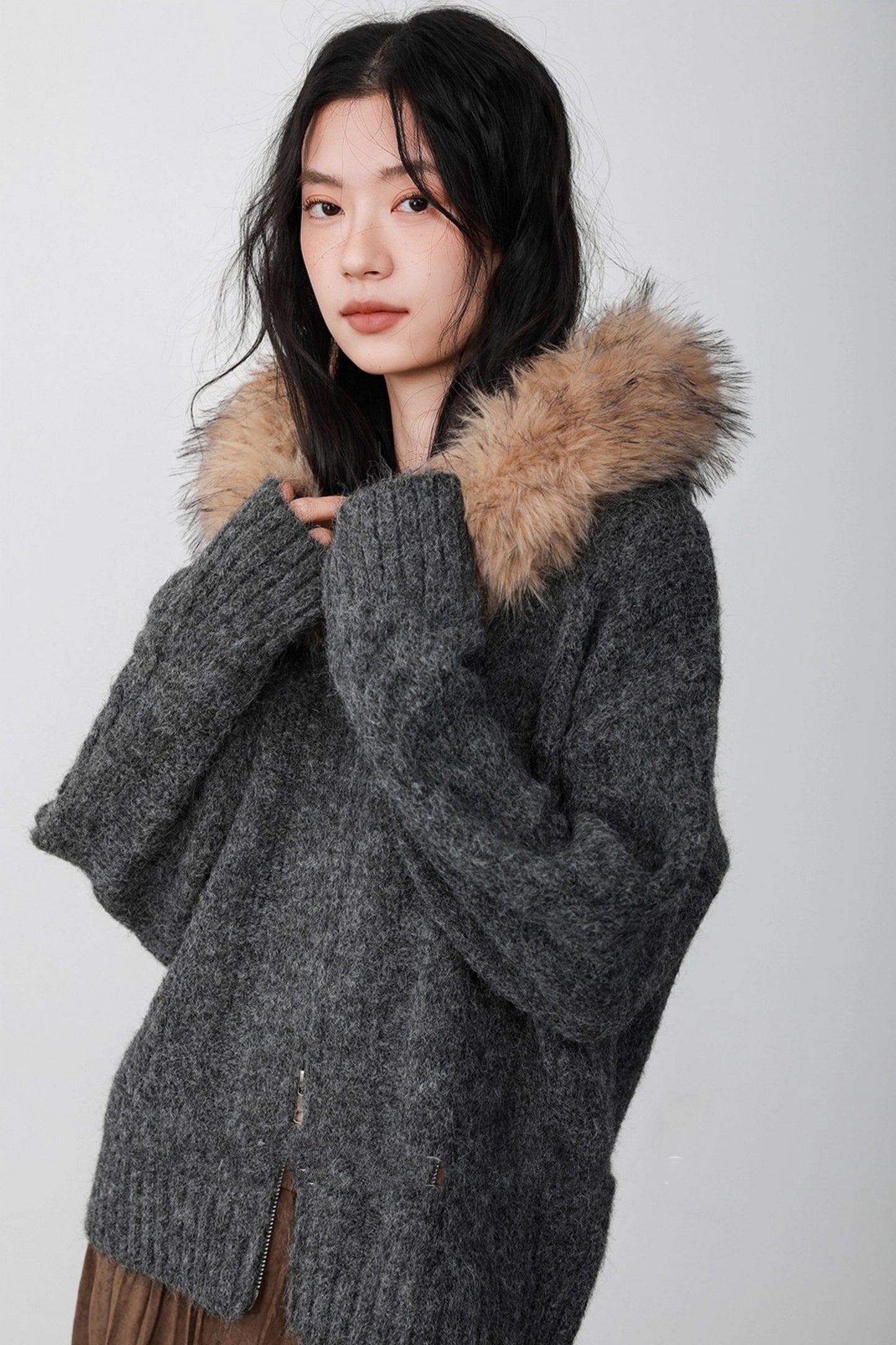 Fog Gray Fur Collar Hooded Jacket
