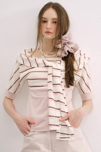 Cherry Blossom Striped Tie-Neck Top