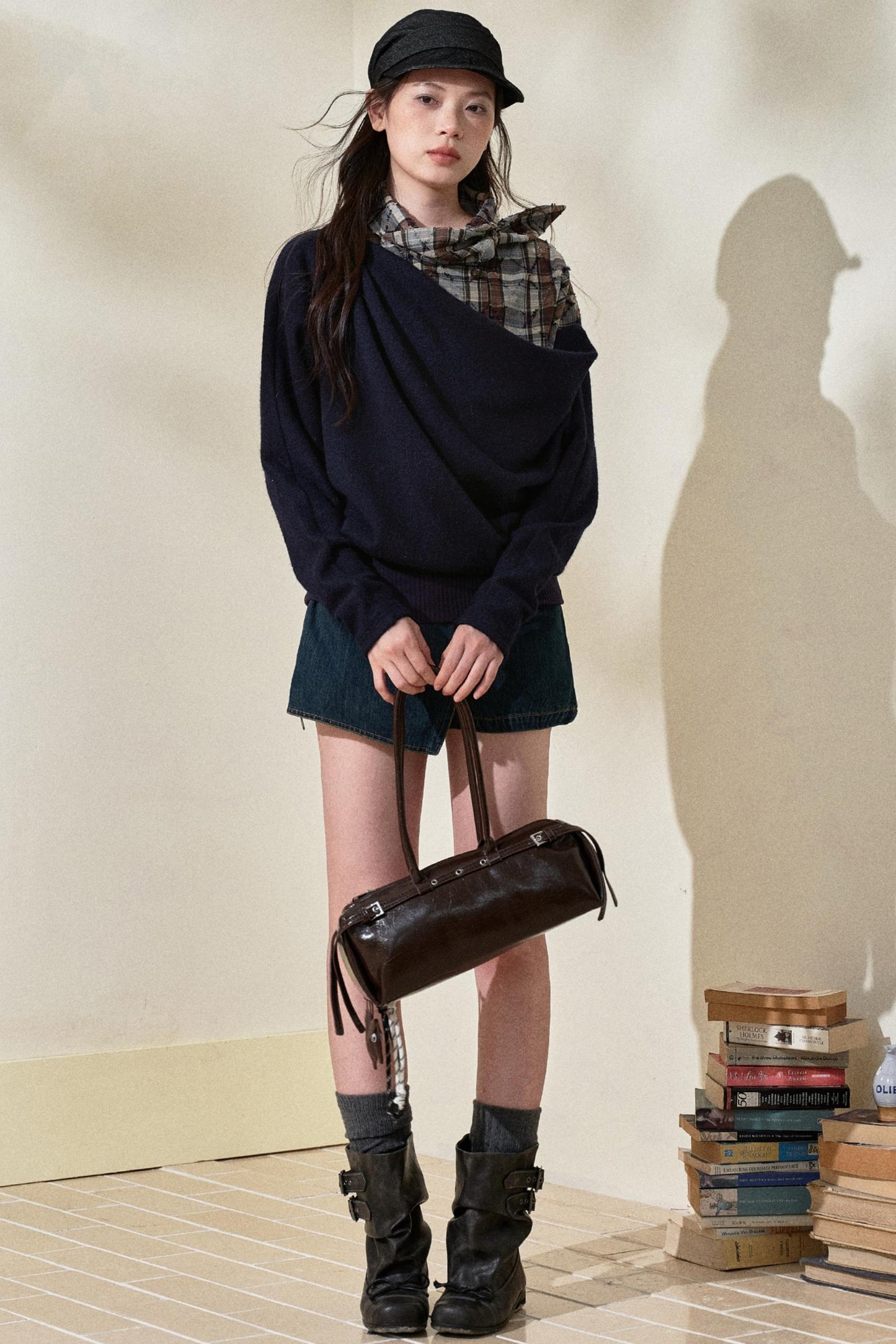 Blue Plaid Wool Fake Two-Piece Top