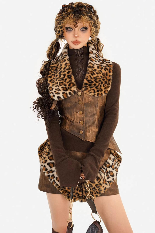 Leopard Print Patchwork Vest Jacket Set-Up