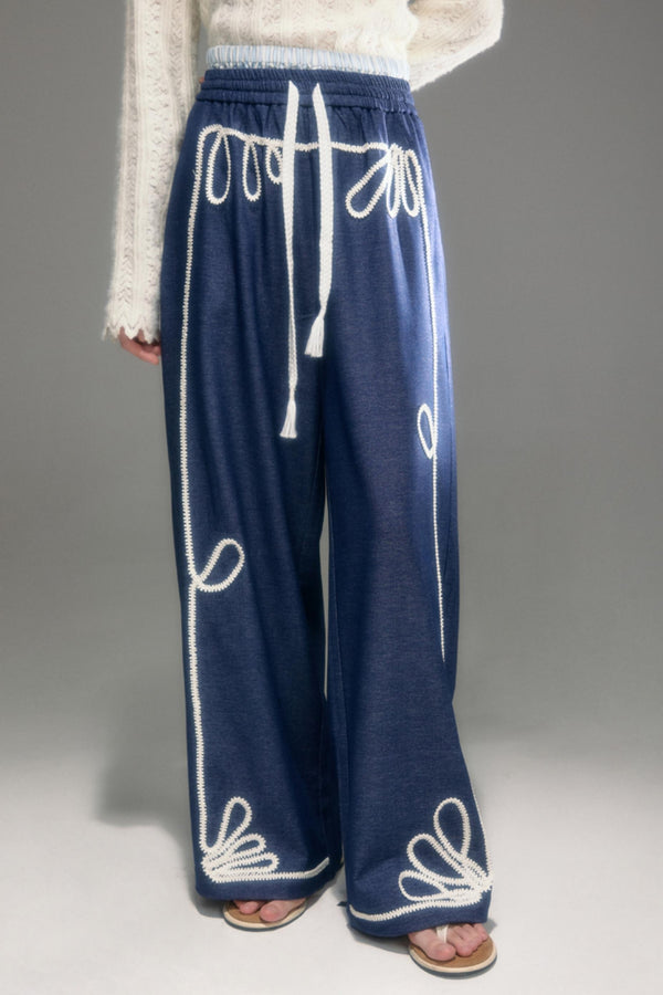 Vintage Embroidery Denim Cardigan Pants Set-Up