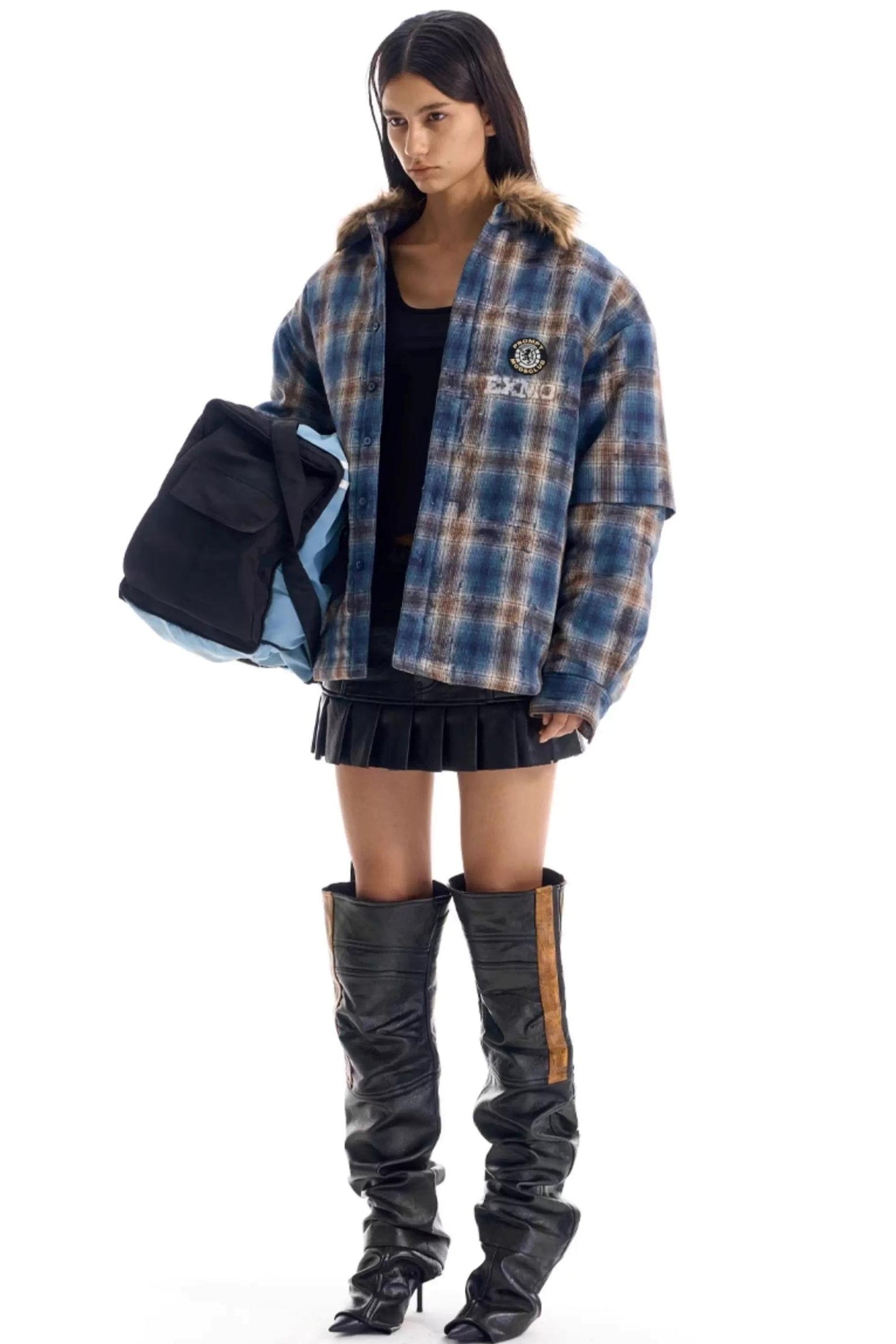 Embroidered Plaid Fur Collar Jacket