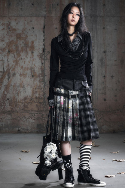 Leather Waist Plaid Pleated Skirt