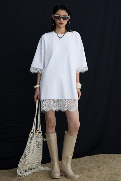 Patchwork Lace Crew Neck Long Top