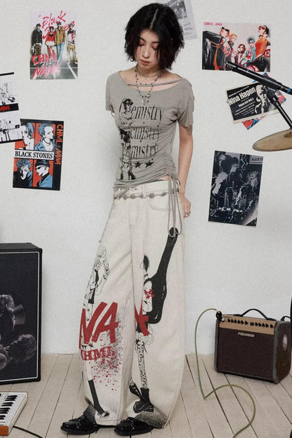 Printed Denim Scimitar Pants