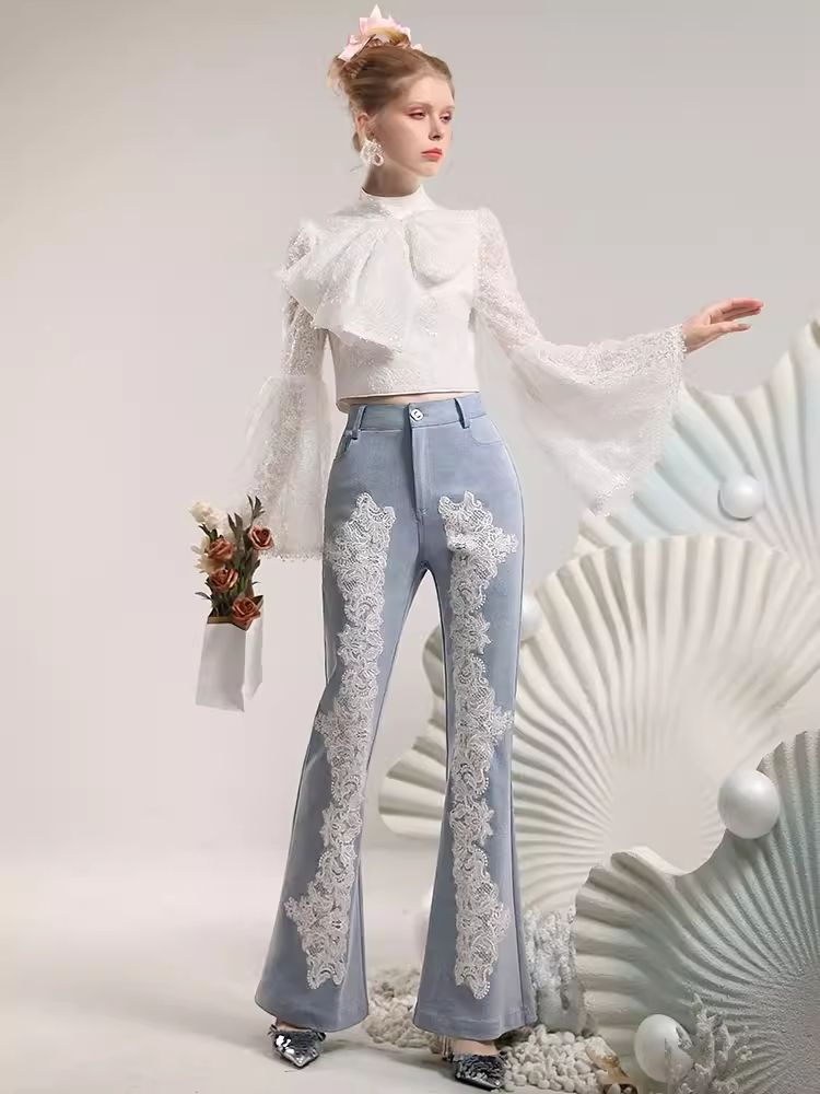 Heavy Lace Flower Waisted Slim Flared Pants