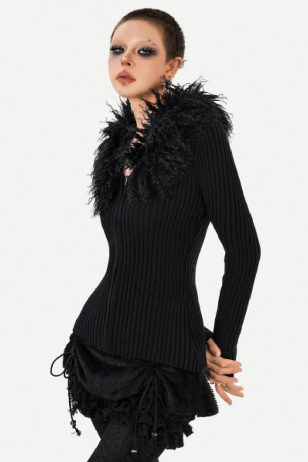 Black Fur Collar Knitted Cardigan