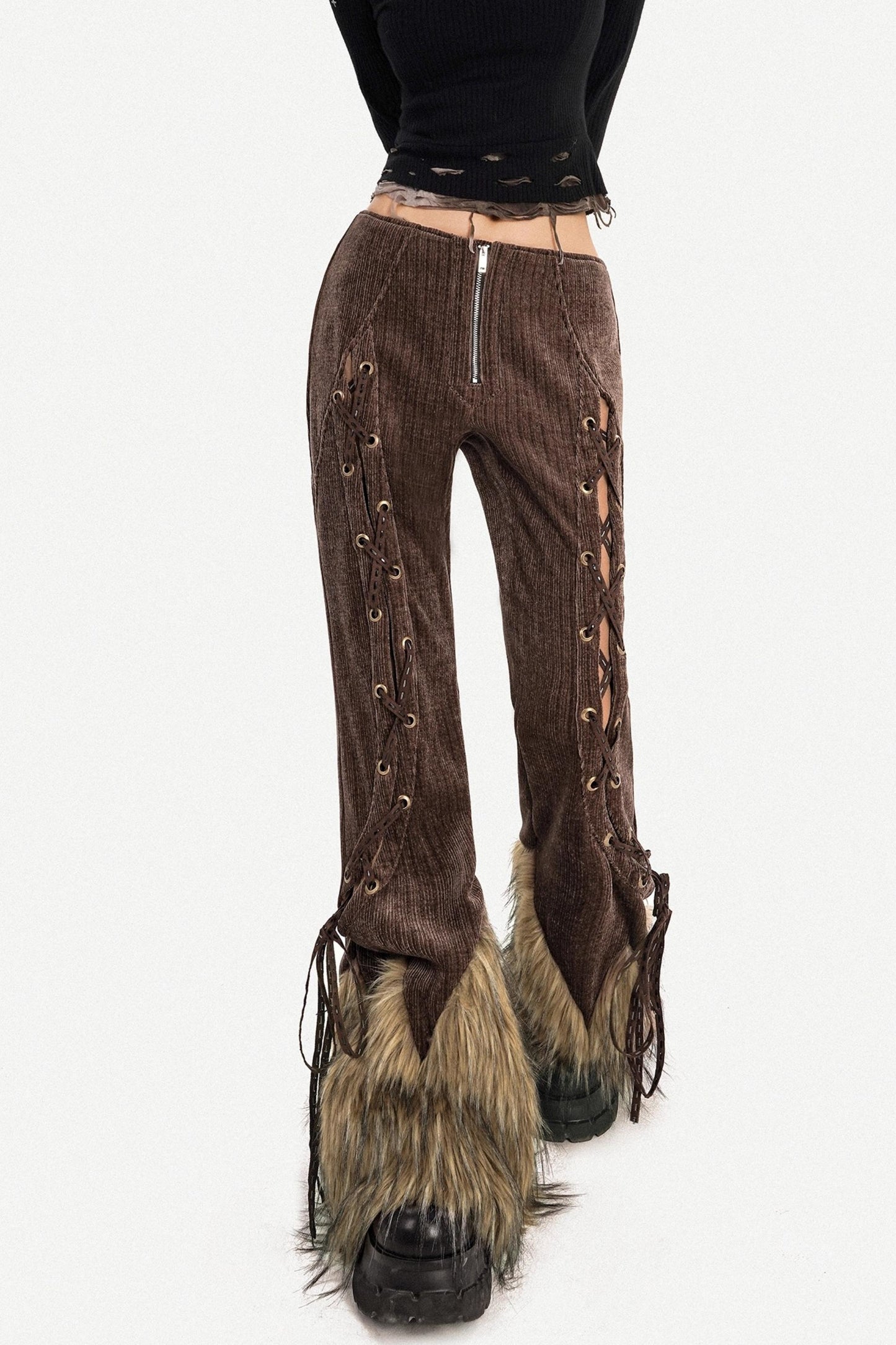Retro Fur-Trim Corduroy Pants