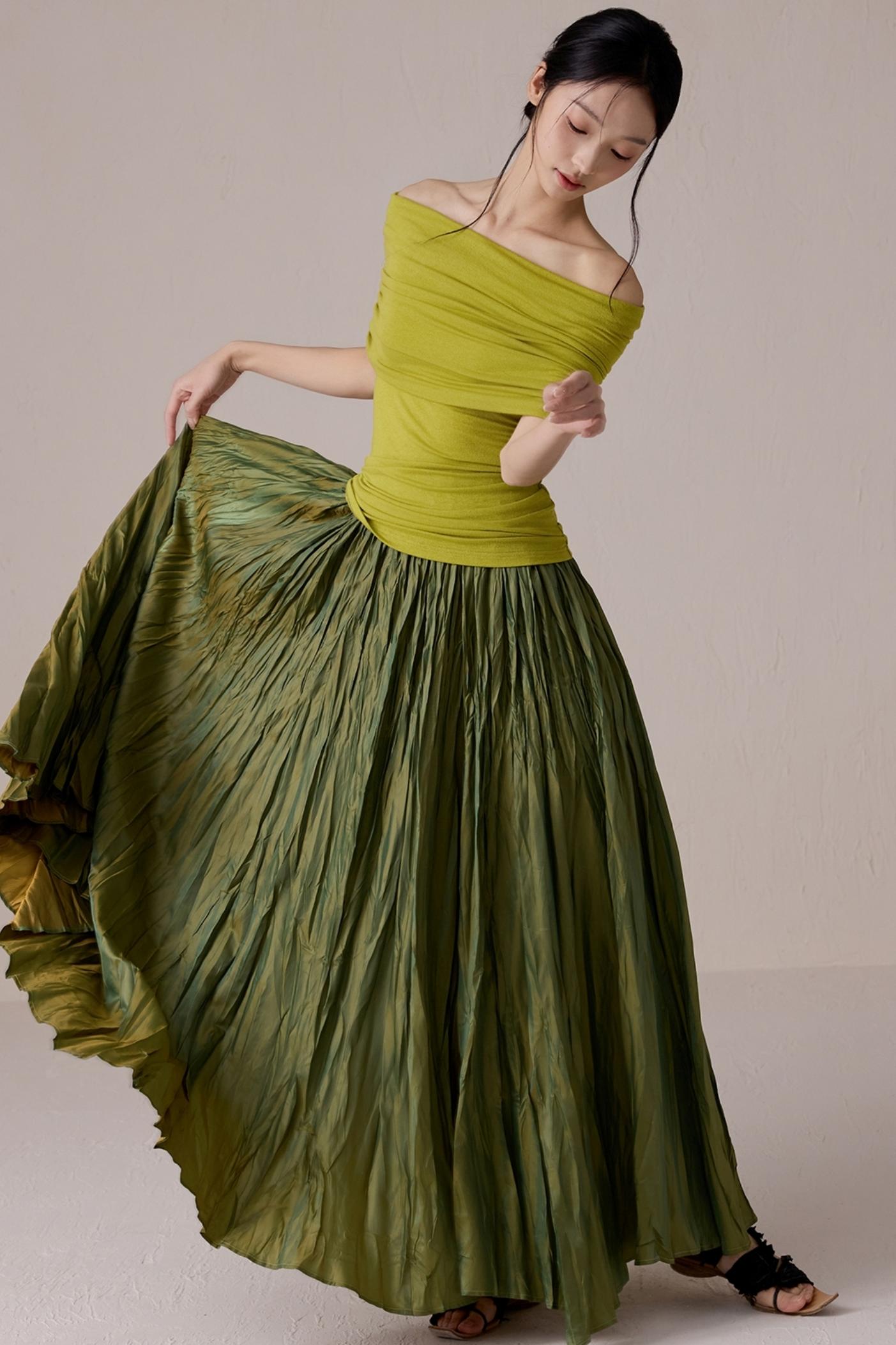 Green One-Shoulder Knit Top