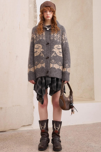Bird Horn Buckle Loose Warm Cardigan