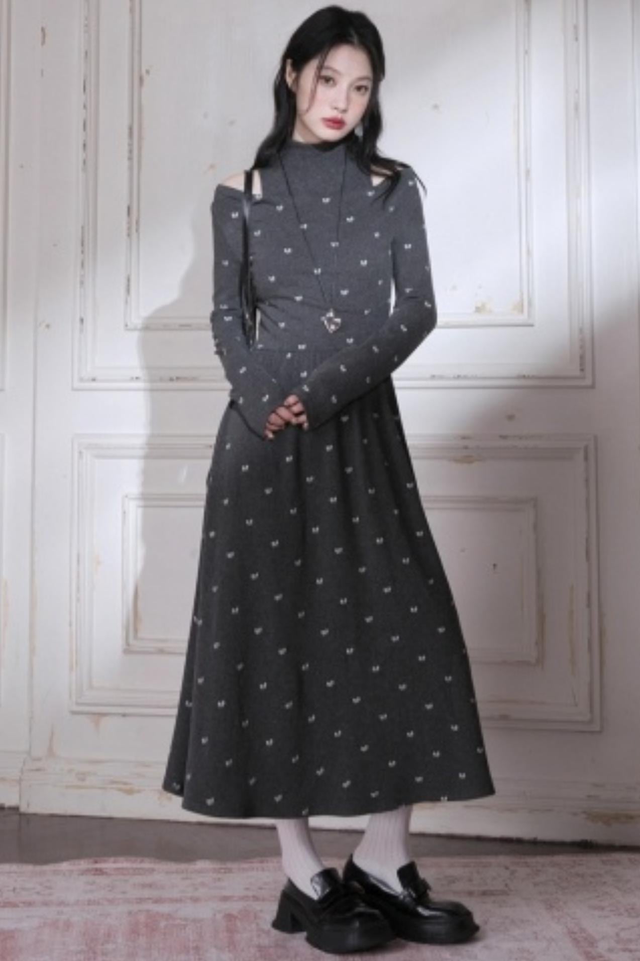 Off-the-Shoulder Knitted Bow Print Dress